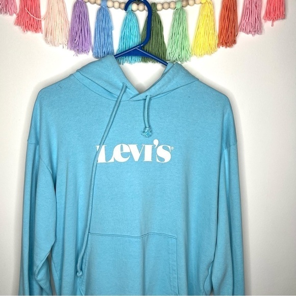 Levi’s Sky Blue Graphic Logo Pullover Knitted Hooded Sweatshirt Size Medium - Picture 6 of 16